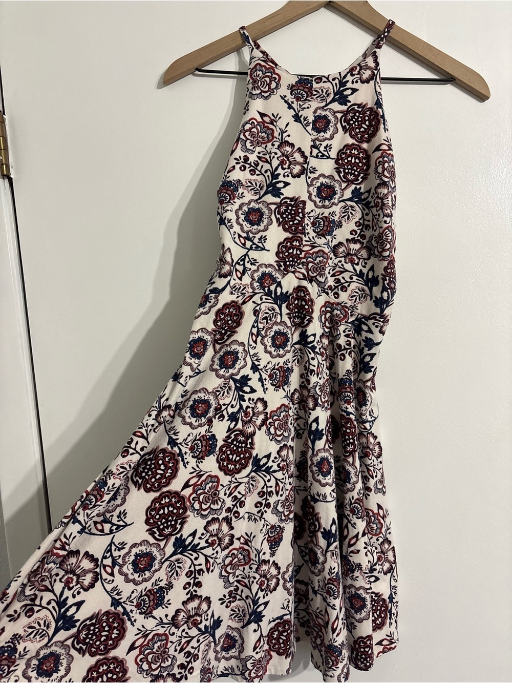 Cream Floral Halter Circle Dress in Navy & Burgundy